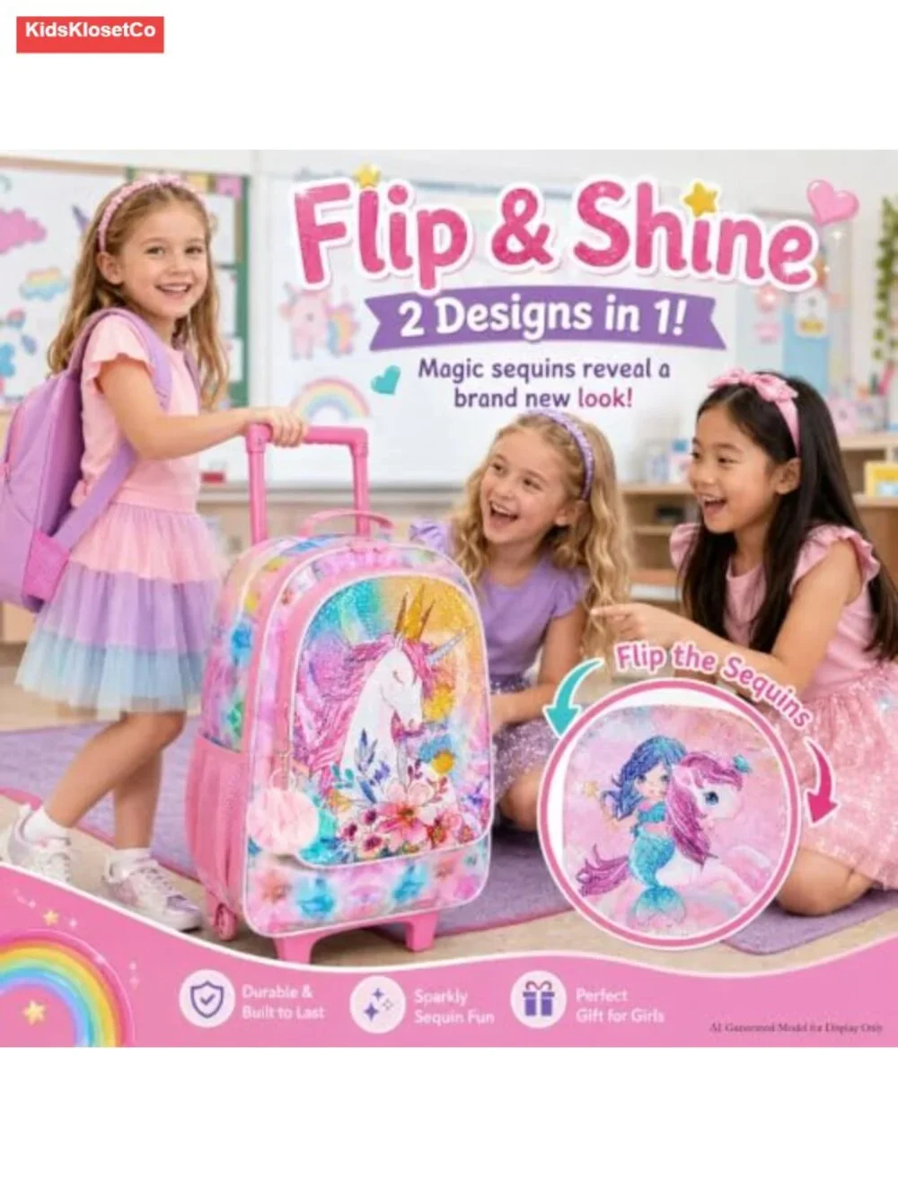 Rolling Backpack for Girls, Kids Unicorn Luggage with Wheels, 3-Piece Set with